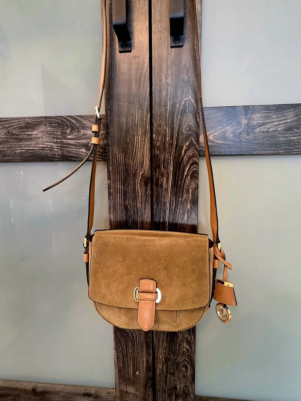 Michael Kors Tan Suede Leather Shoulder Bag - Gold Hardware, Buckle, MK Charm - Picture 7 of 12